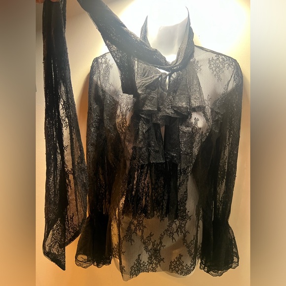 ZARA long sleeve lace shirt with v-neck and long bow tie.  Size MEDIUM - Picture 8 of 8